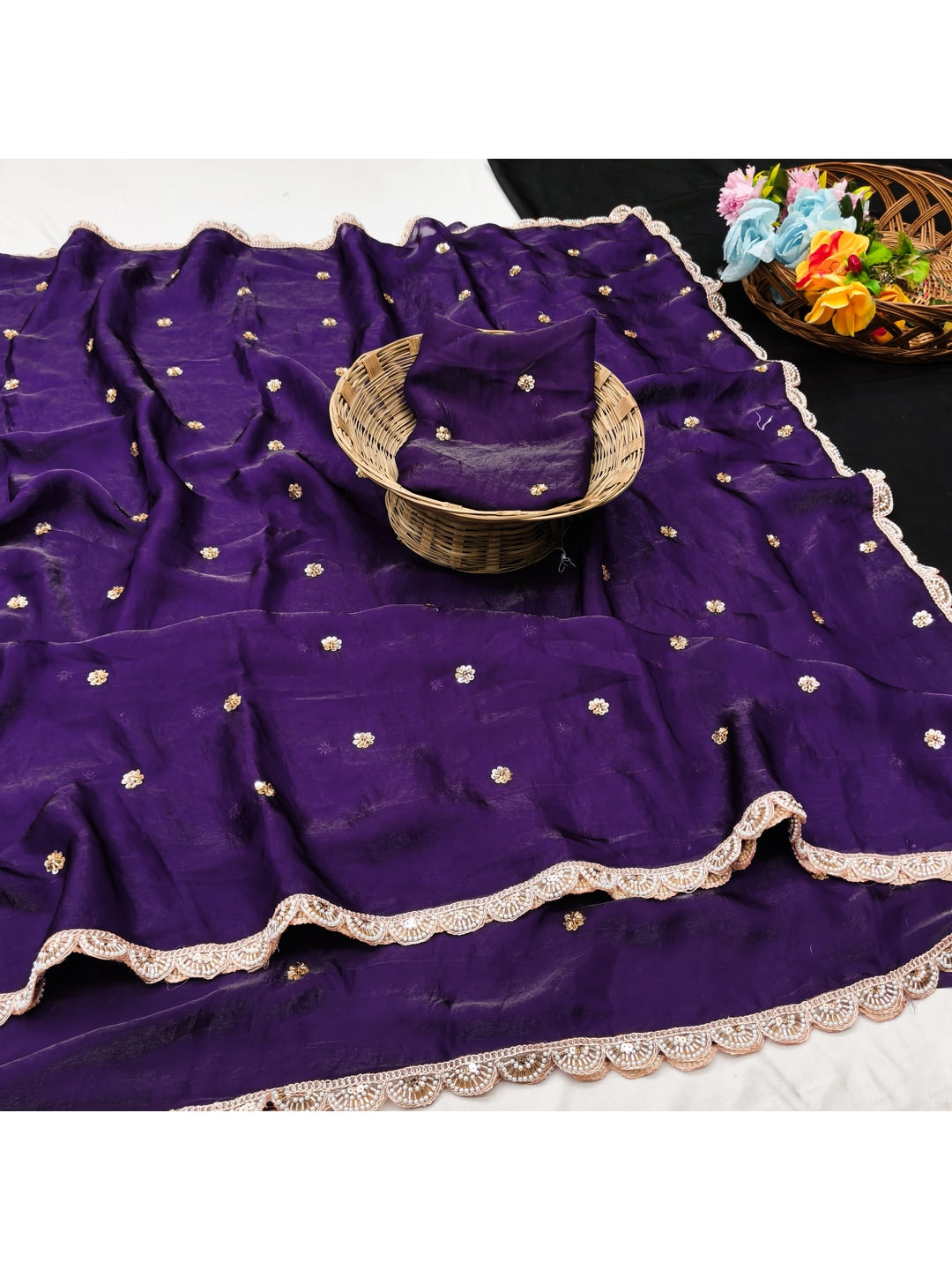 Peachmode Purple Fendy Satin Saree with Embroidered Border - Image 2