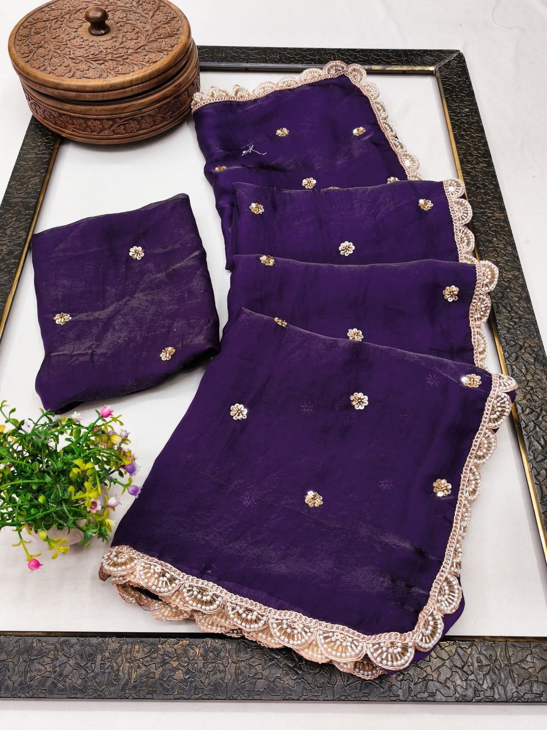 Peachmode Purple Fendy Satin Saree with Embroidered Border - Image 3