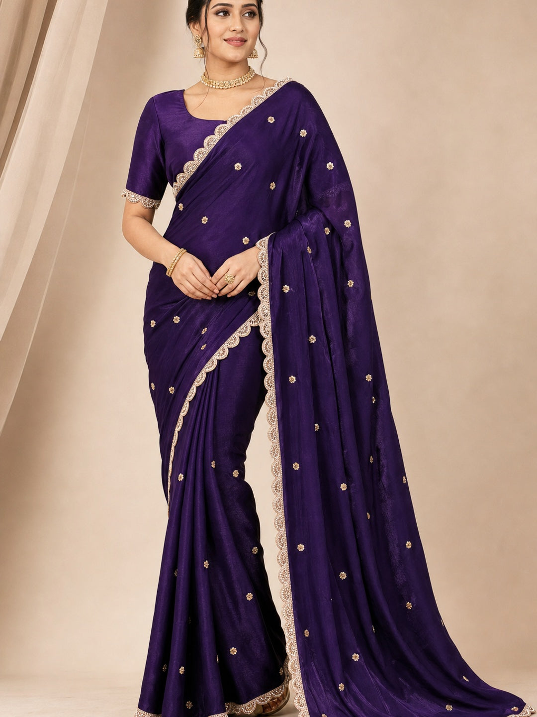 Peachmode Purple Fendy Satin Saree with Embroidered Border - Image 1