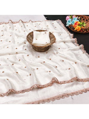 Peachmode White Fendy Satin Saree with Embroidered Border - Image 2