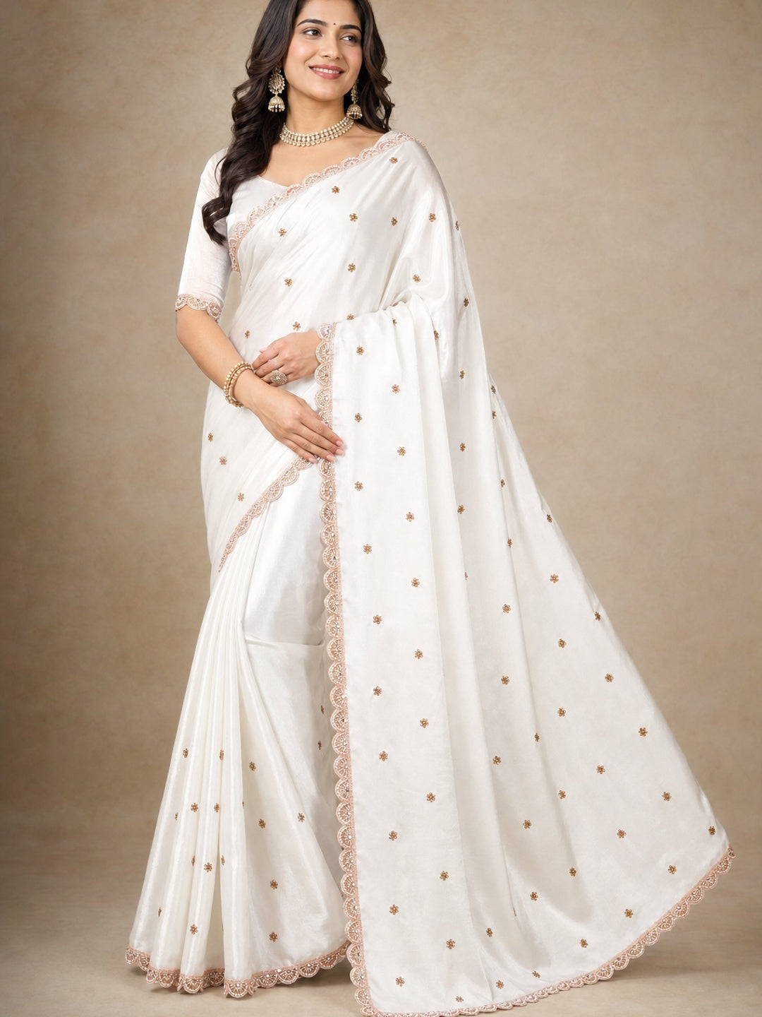 Peachmode White Fendy Satin Saree with Embroidered Border - Image 1