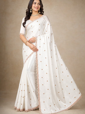 Peachmode White Fendy Satin Saree with Embroidered Border - Image 1