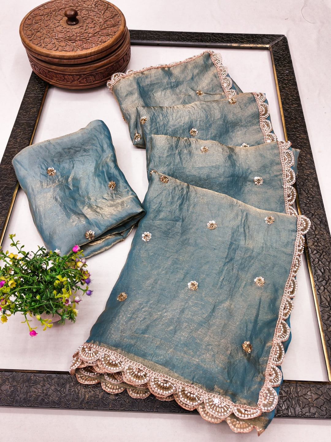 Peachmode Grey Fendy Satin Saree with Embroidered Border - Image 3