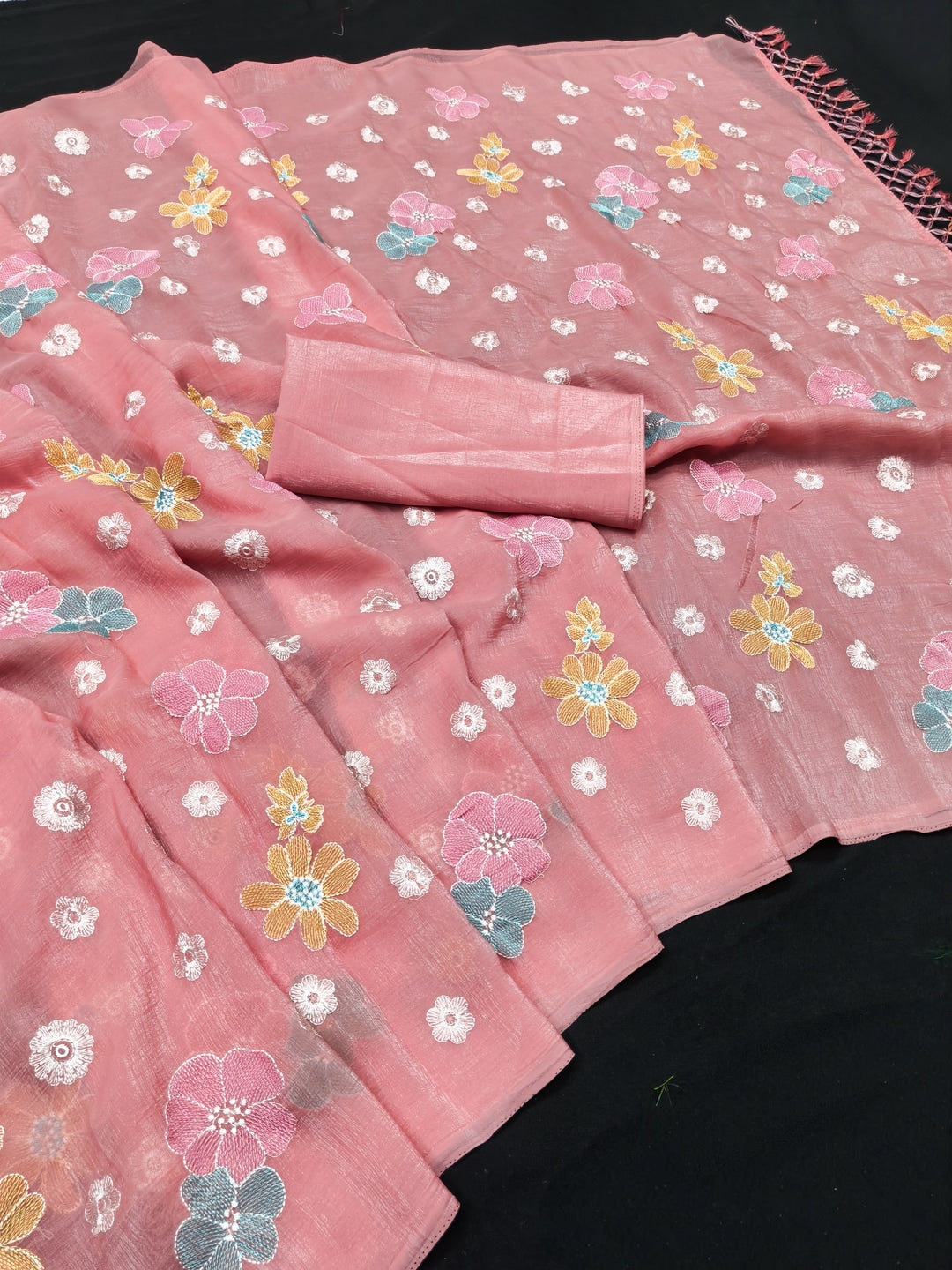 Peachmode Peach Crunchy Saree with Floral Embroidery Work - Image 2