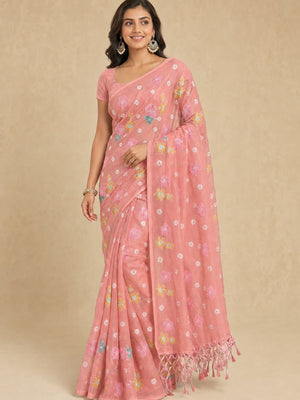 Peachmode Peach Crunchy Saree with Floral Embroidery Work - Image 1