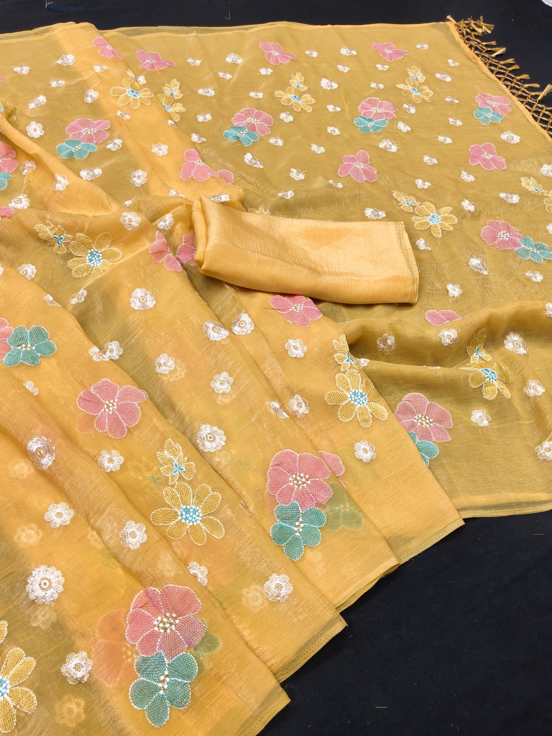 Peachmode Mustard Crunchy Saree with Floral Embroidery Work - Image 2