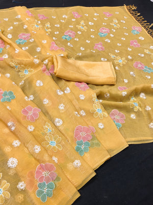 Peachmode Mustard Crunchy Saree with Floral Embroidery Work - Image 2