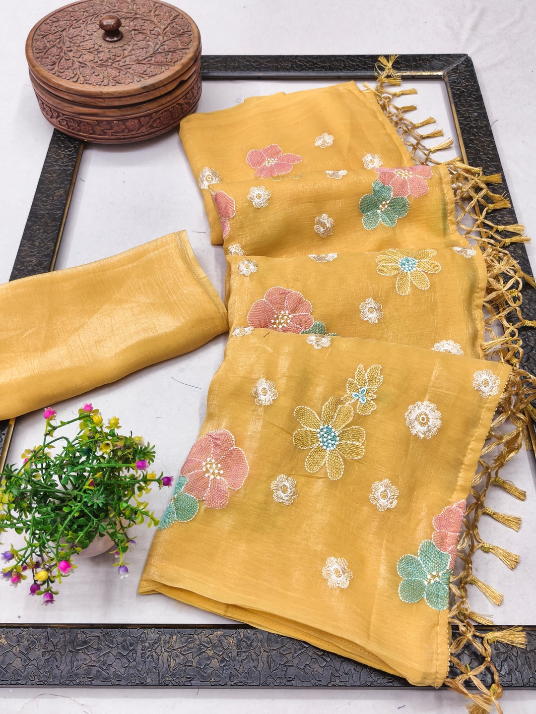 Peachmode Mustard Crunchy Saree with Floral Embroidery Work - Image 3