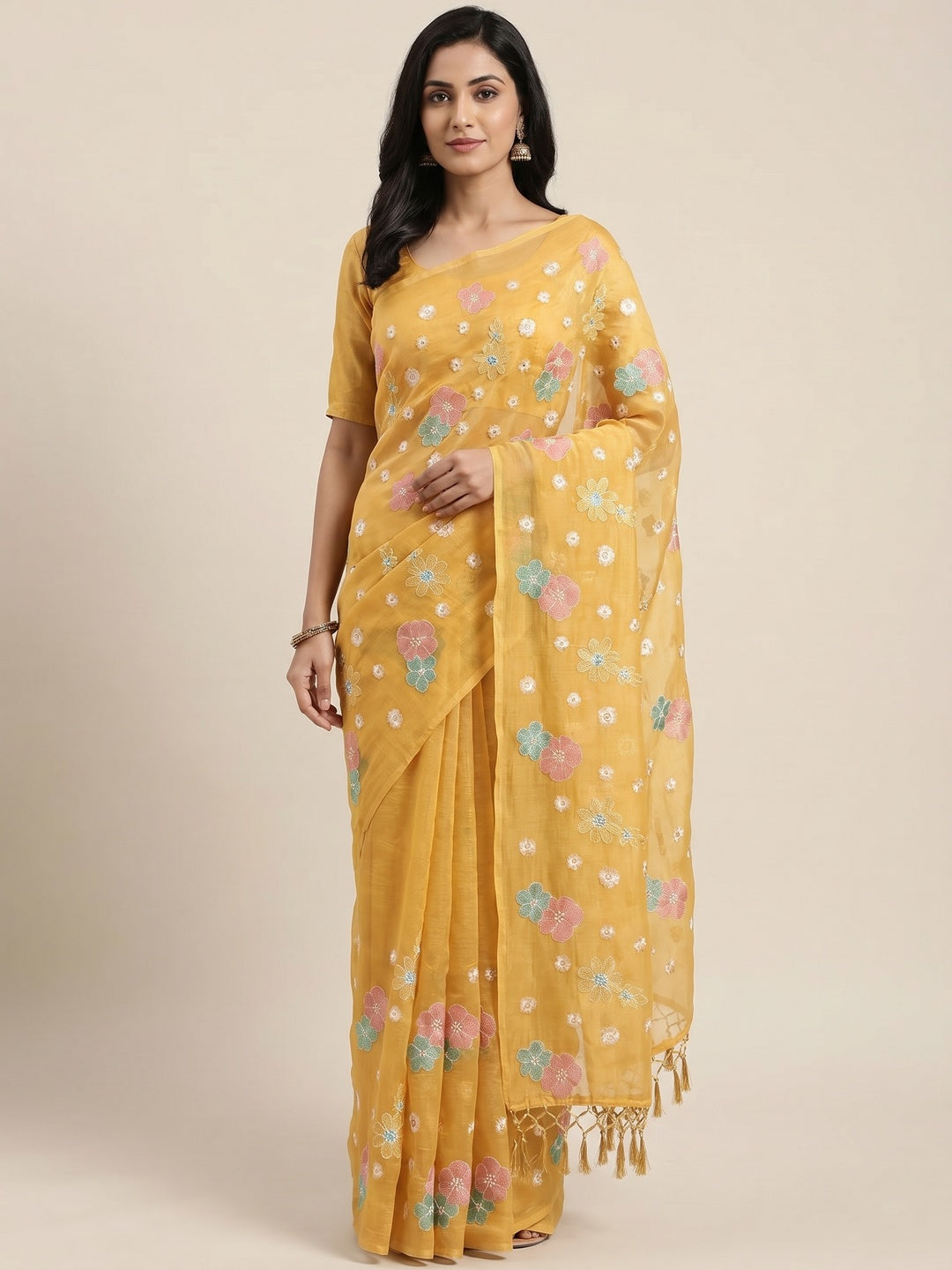 Peachmode Mustard Crunchy Saree with Floral Embroidery Work - Image 1