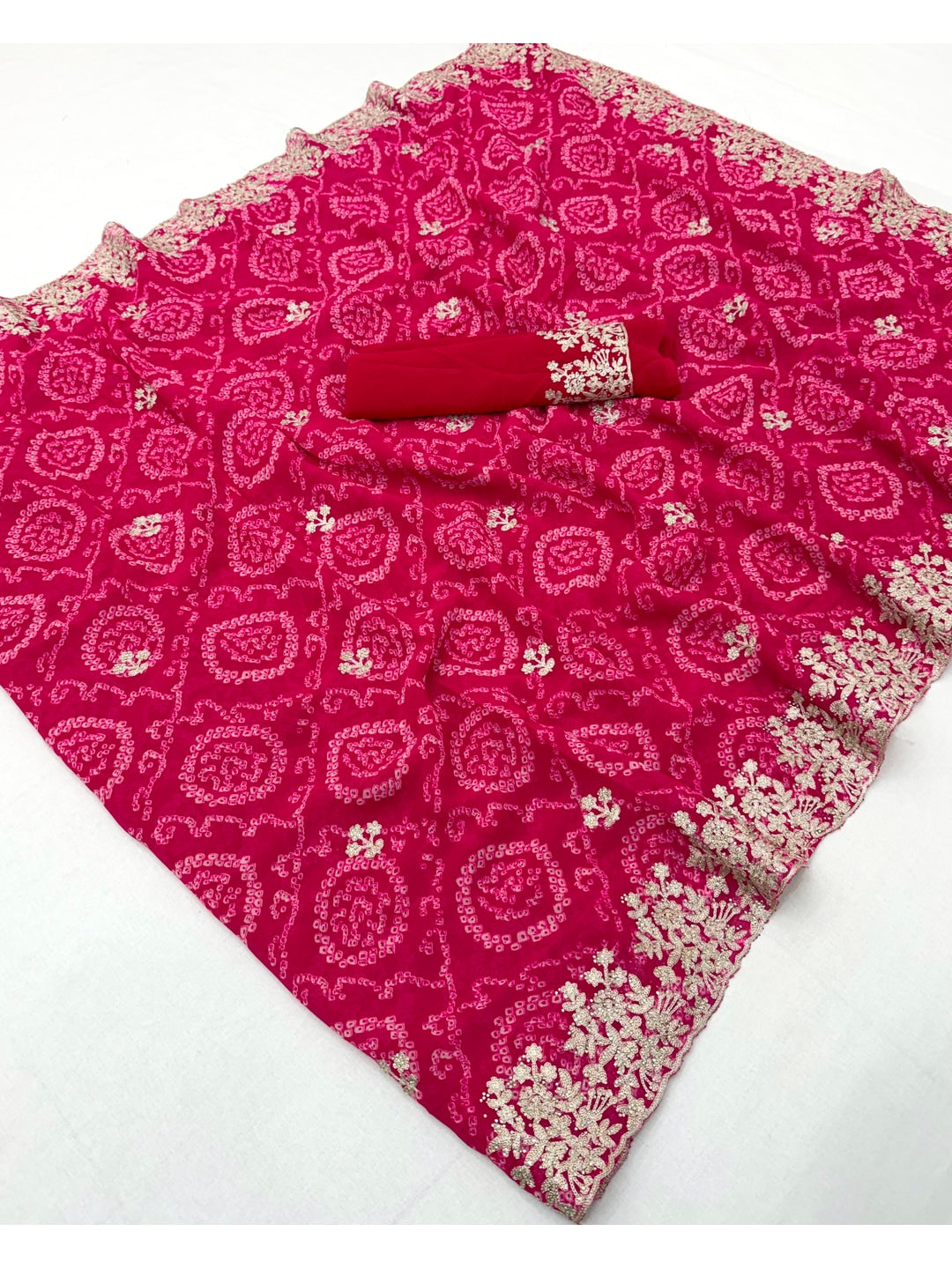 Peachmode Pink Georgette Bandhani Saree with Embroidery Work - Image 2
