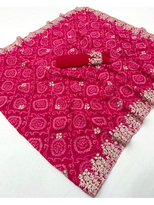 Peachmode Pink Georgette Bandhani Saree with Embroidery Work - Image 2