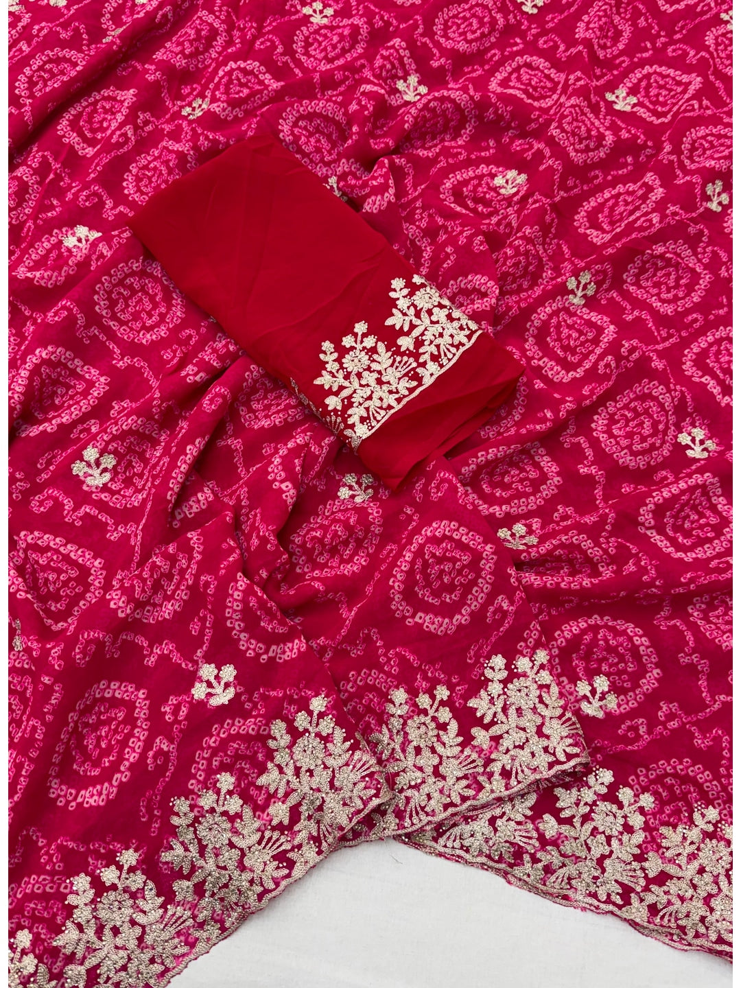 Peachmode Pink Georgette Bandhani Saree with Embroidery Work - Image 3