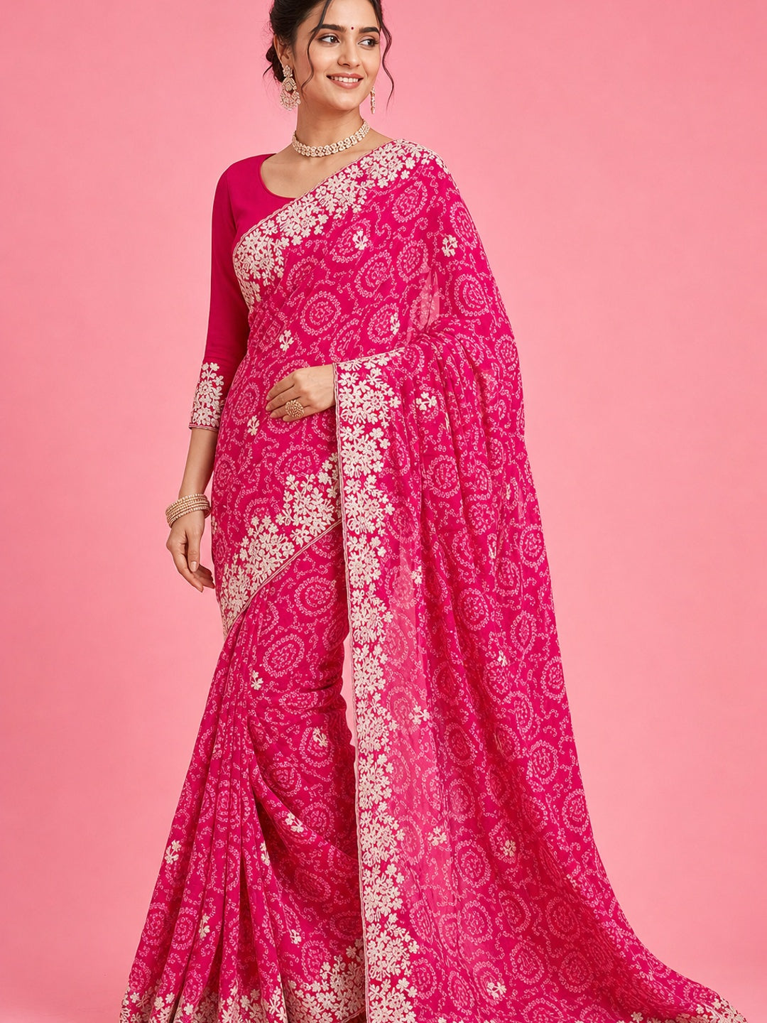 Peachmode Pink Georgette Bandhani Saree with Embroidery Work - Image 1