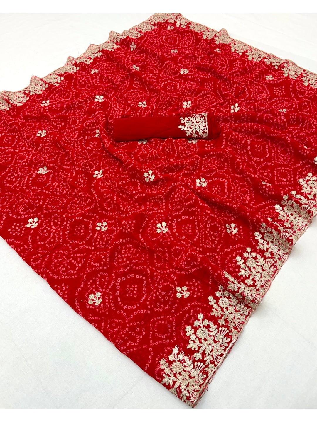 Peachmode Red Georgette Bandhani Saree with Embroidery Work - Image 2