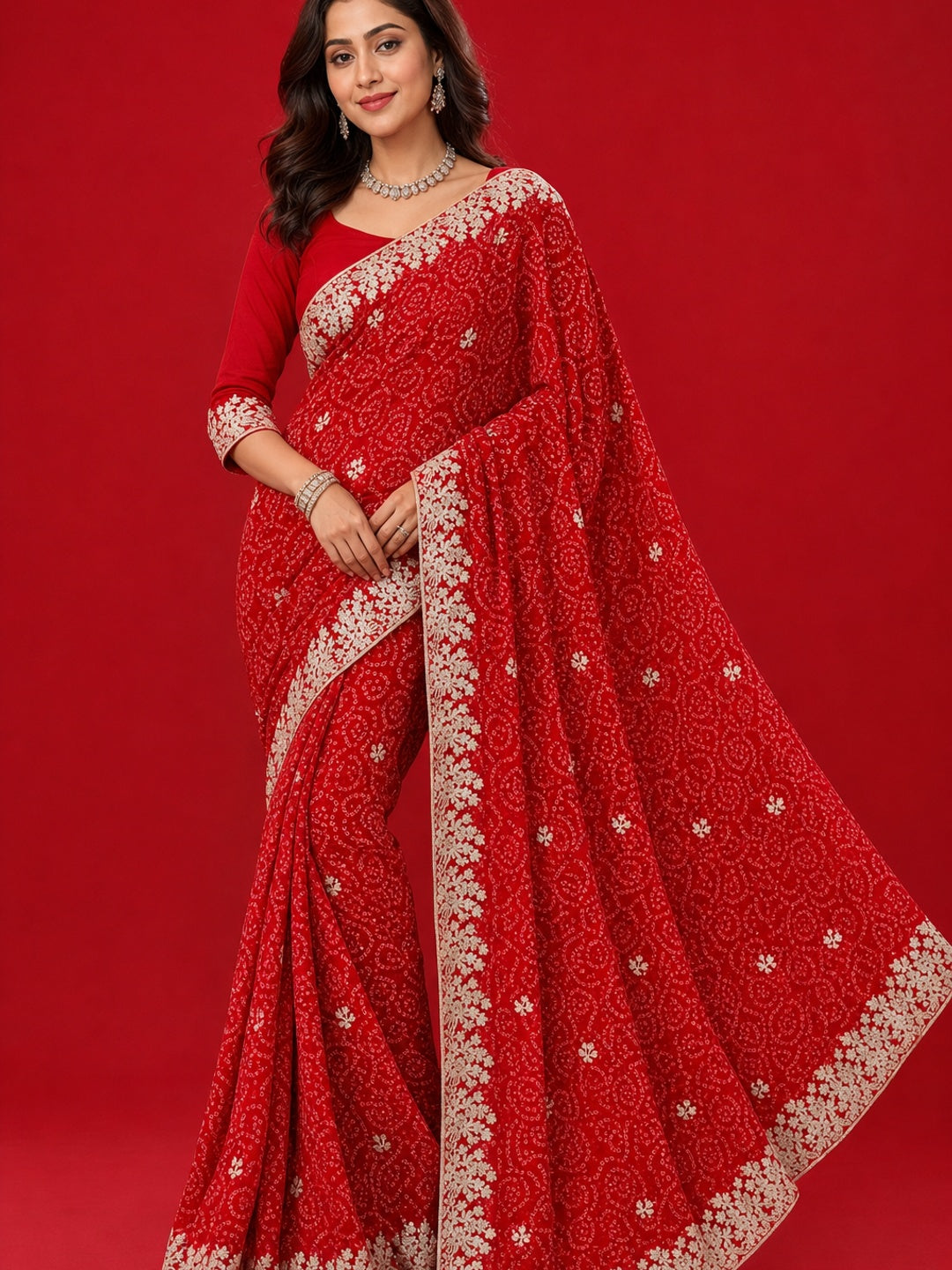 Peachmode Red Georgette Bandhani Saree with Embroidery Work - Image 1