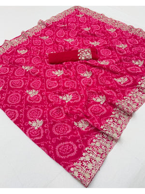 Peachmode Pink Georgette Bandhani Saree with Embroidery Work - Image 2