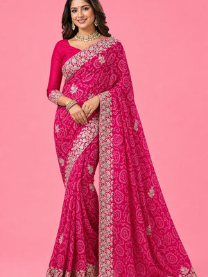 Peachmode Pink Georgette Bandhani Saree with Embroidery Work - Image 1