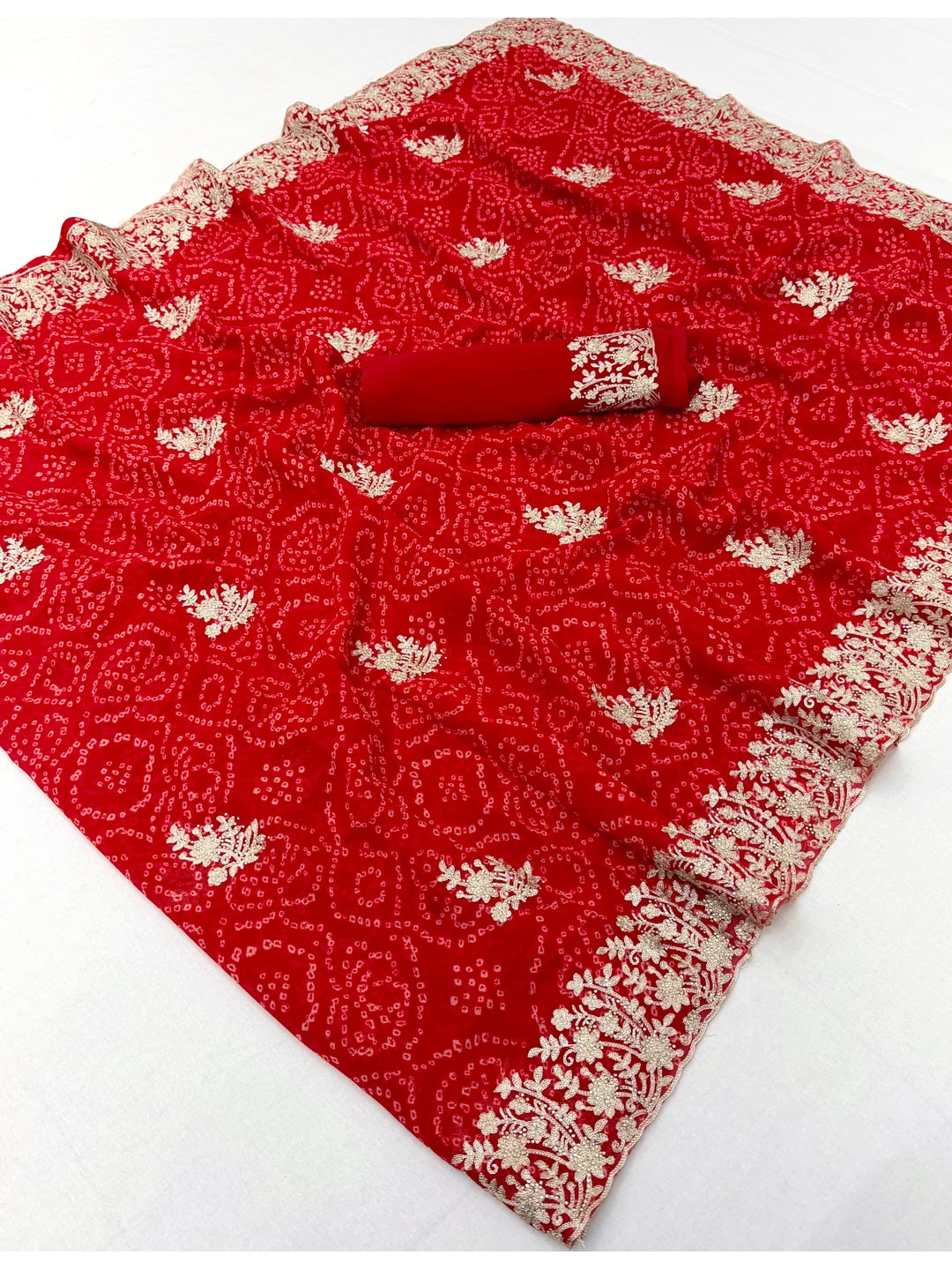 Peachmode Red Georgette Bandhani Saree with Embroidery Work - Image 2