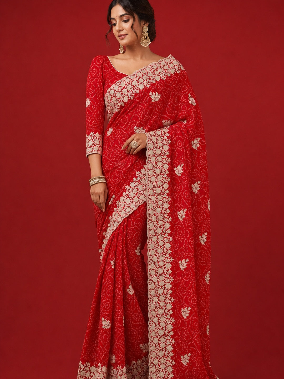 Peachmode Red Georgette Bandhani Saree with Embroidery Work - Image 1