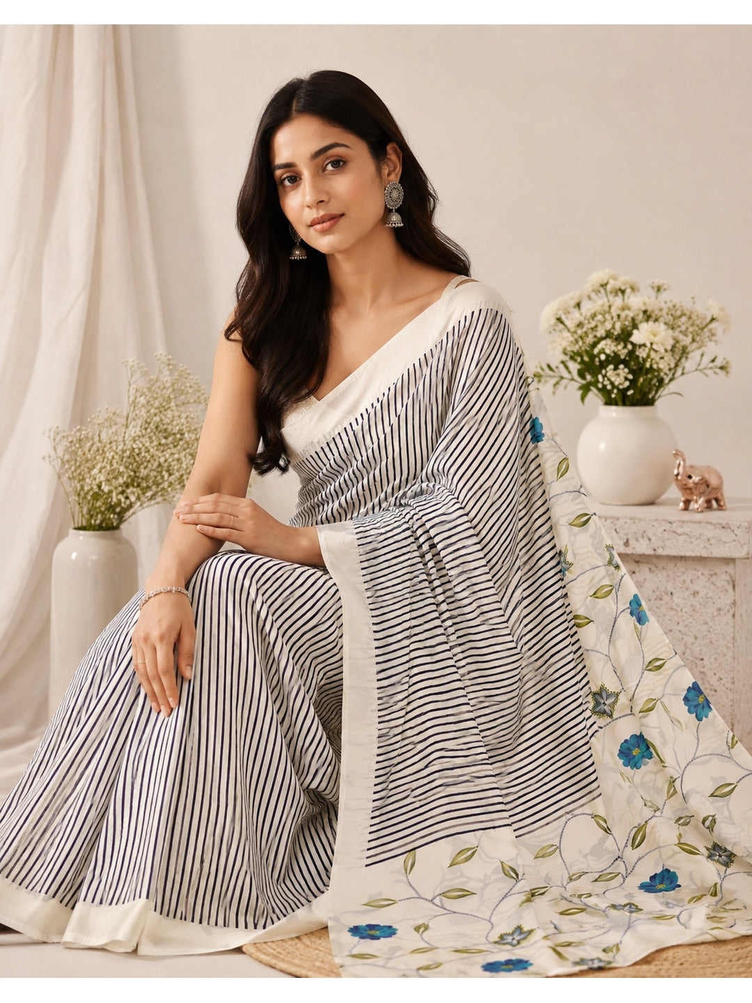 Peachmode White Art Silk Saree with Digital Print - Image 1