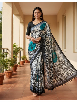 Peachmode Blue Art Silk Saree with Digital Print - Image 1