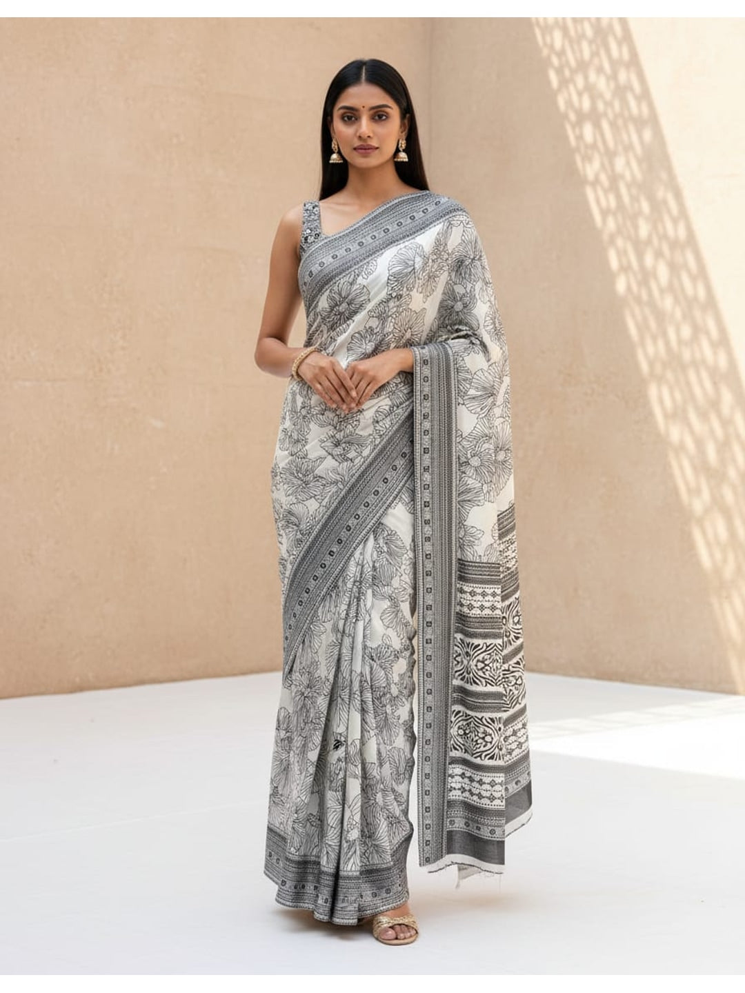 Peachmode Grey Art Silk Saree with Digital Print - Image 1
