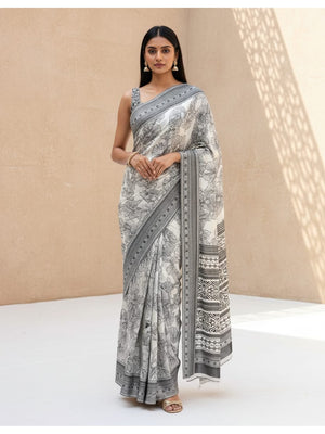 Peachmode Grey Art Silk Saree with Digital Print - Image 1