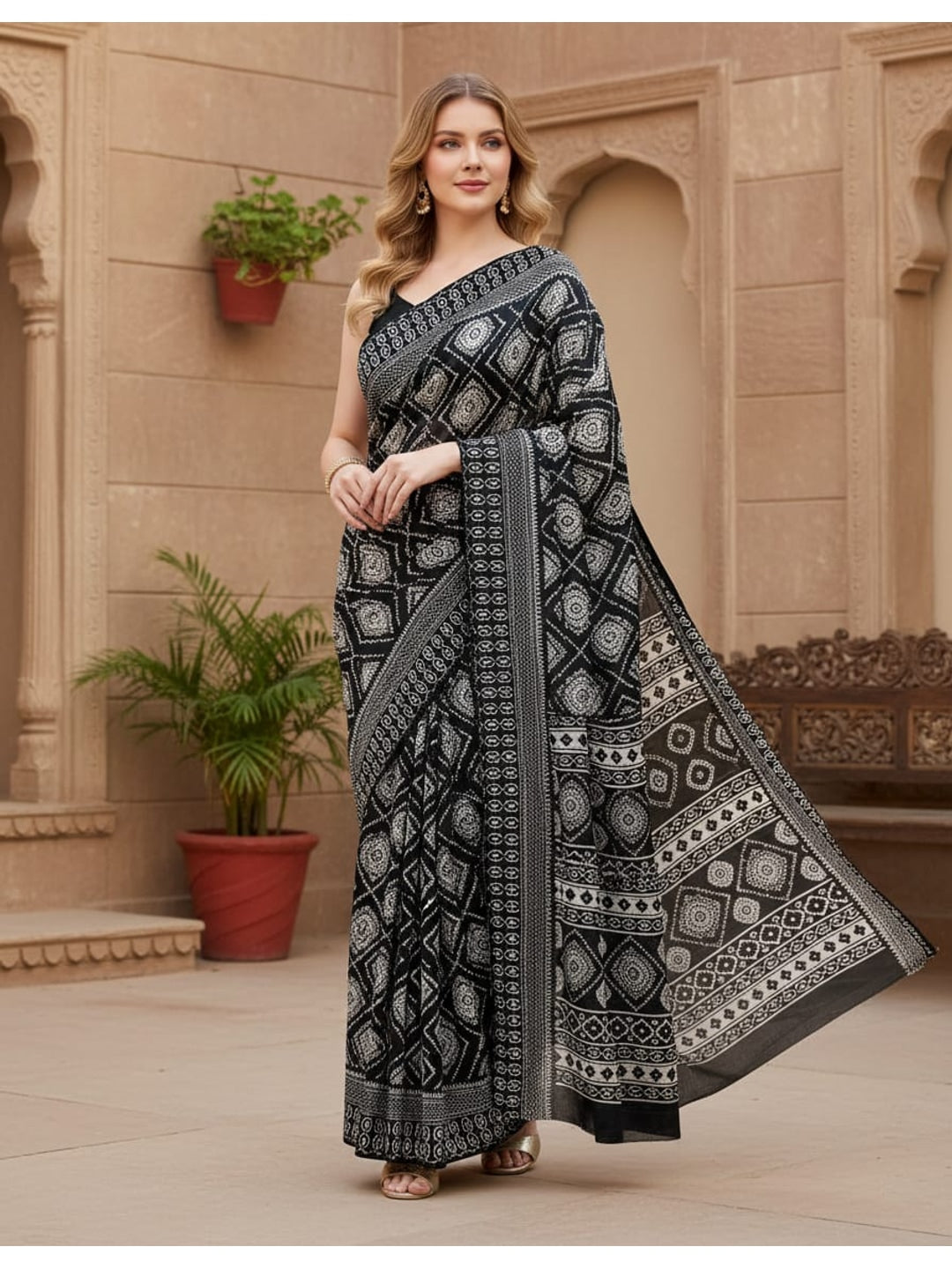 Peachmode Black Art Silk Saree with Digital Print - Image 1