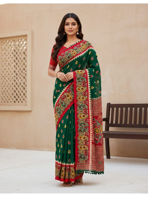 Peachmode Green Mul Mul Cotton Saree with Digital Print - Image 1