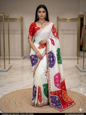 Peachmode White Georgette Saree with Thread Work - Image 1