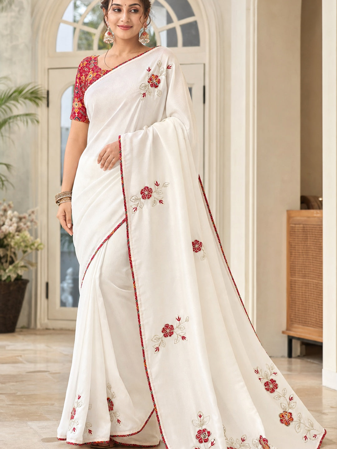 Peachmode White Chinon Saree with Floral Embroidery - Image 1