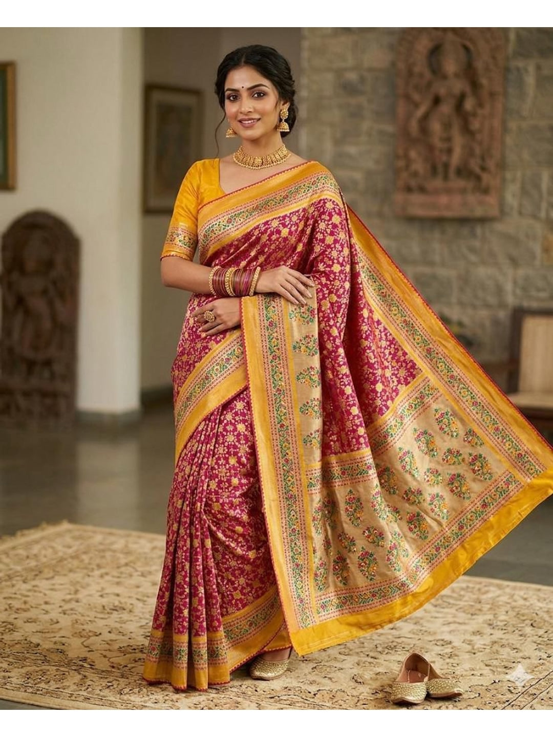 Peachmode Yellow Pure Silk Saree with Digital Print - Image 1