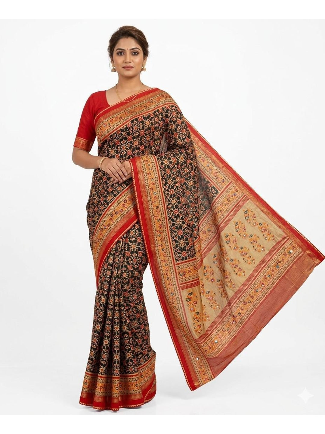 Peachmode Brown Pure Silk Saree with Digital Print - Image 1