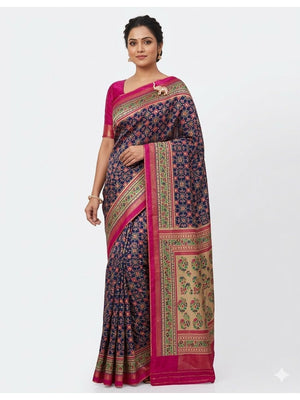 Peachmode Blue Pure Silk Saree with Digital Print - Image 1