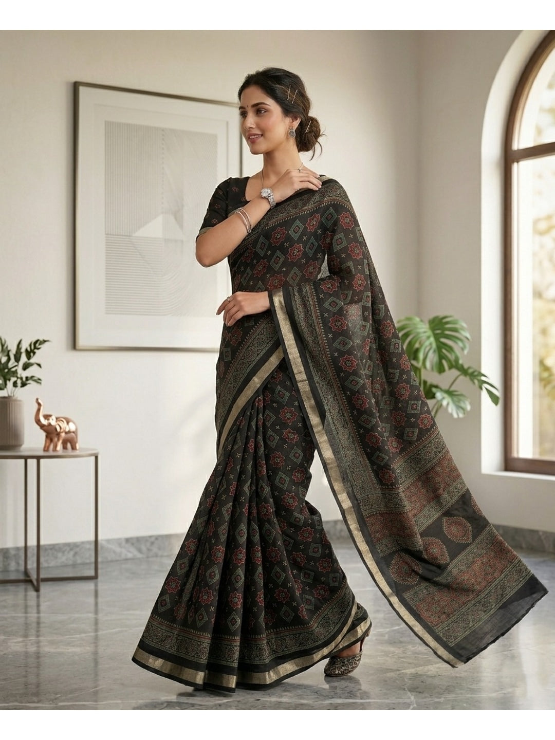 Peachmode Black Semi Cotton Saree with Ajrakh Print - Image 1