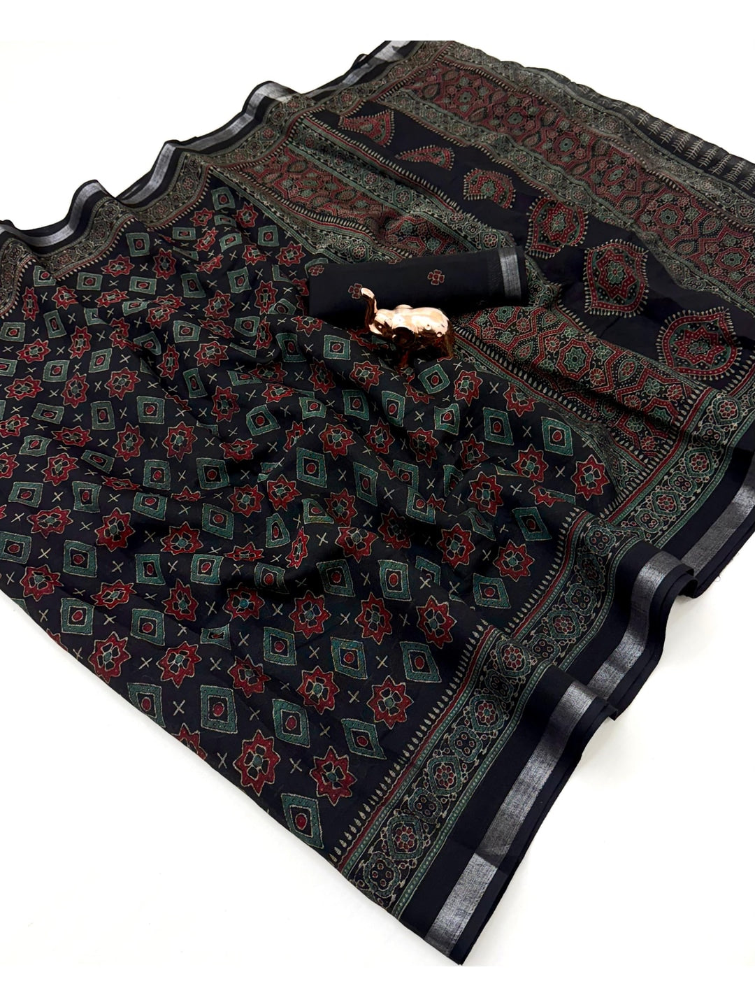Peachmode Black Semi Cotton Saree with Ajrakh Print - Image 2