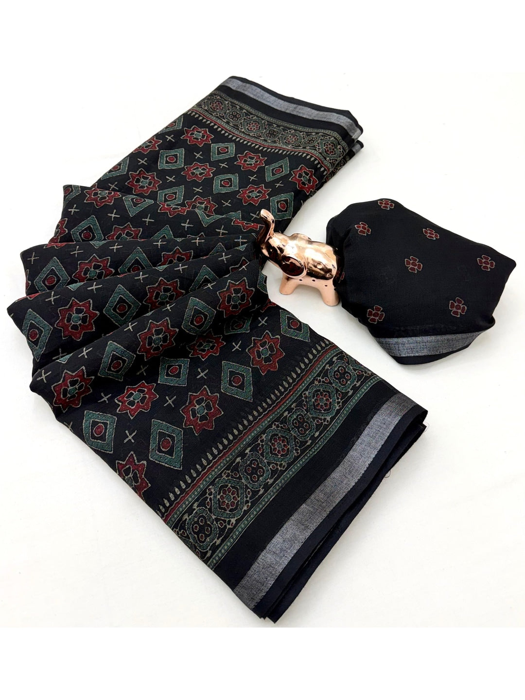 Peachmode Black Semi Cotton Saree with Ajrakh Print - Image 3