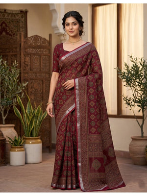 Peachmode Maroon Semi Cotton Saree with Ajrakh Print - Image 1