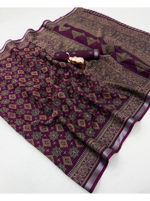 Peachmode Maroon Semi Cotton Saree with Ajrakh Print - Image 2