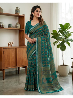 Peachmode Teal Semi Cotton Saree with Ajrakh Print - Image 1