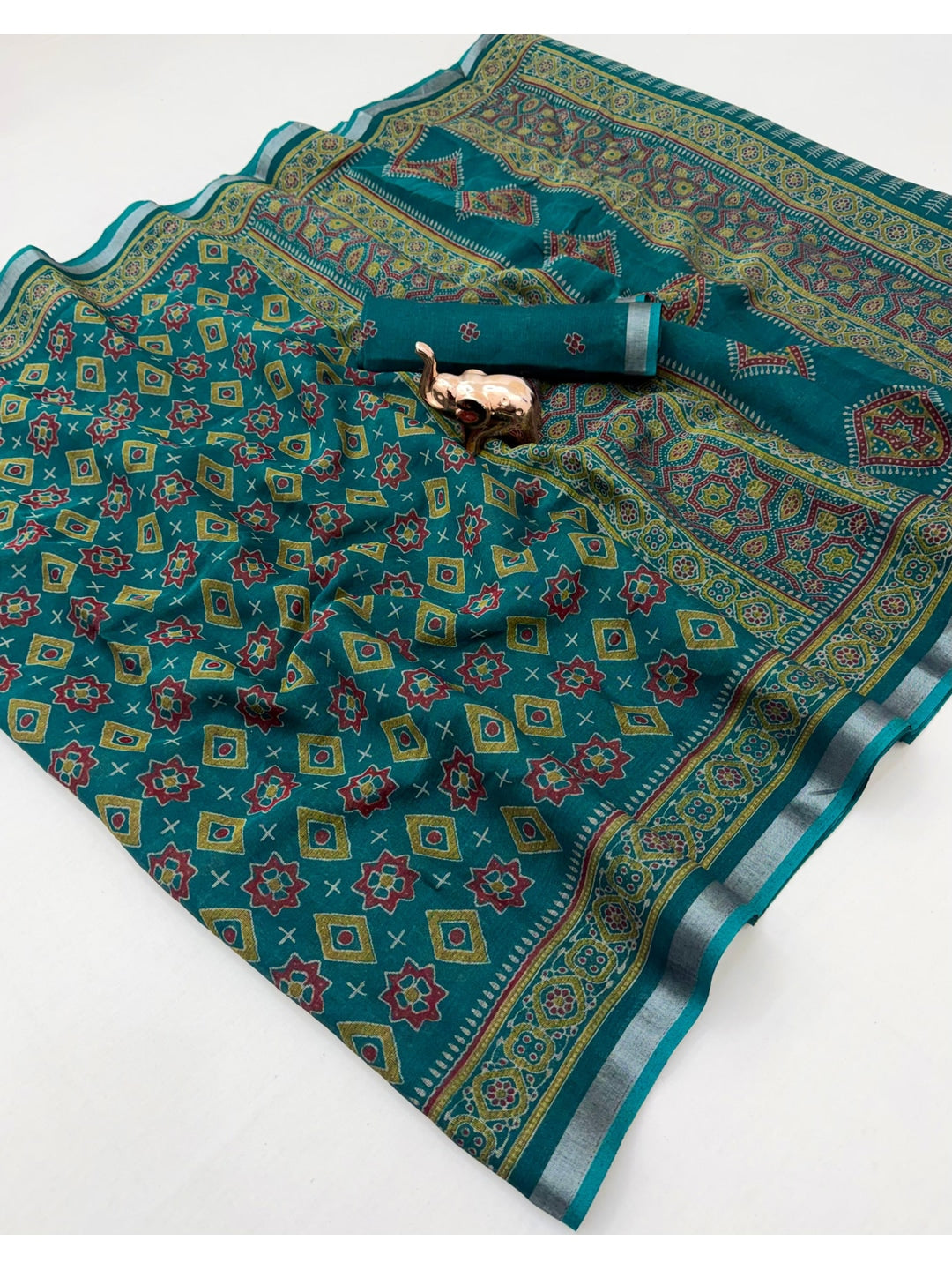 Peachmode Teal Semi Cotton Saree with Ajrakh Print - Image 3