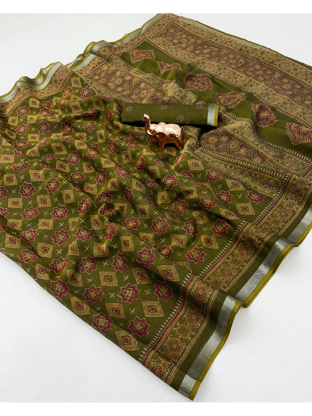Peachmode Olive Semi Cotton Saree with Ajrakh Print - Image 3