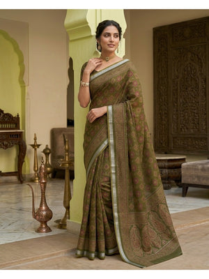 Peachmode Brown Semi Cotton Saree with Ajrakh Print - Image 1