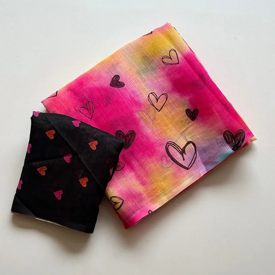 Peachmode Multicolor Linen Cotton Heart Print Saree - Image 3