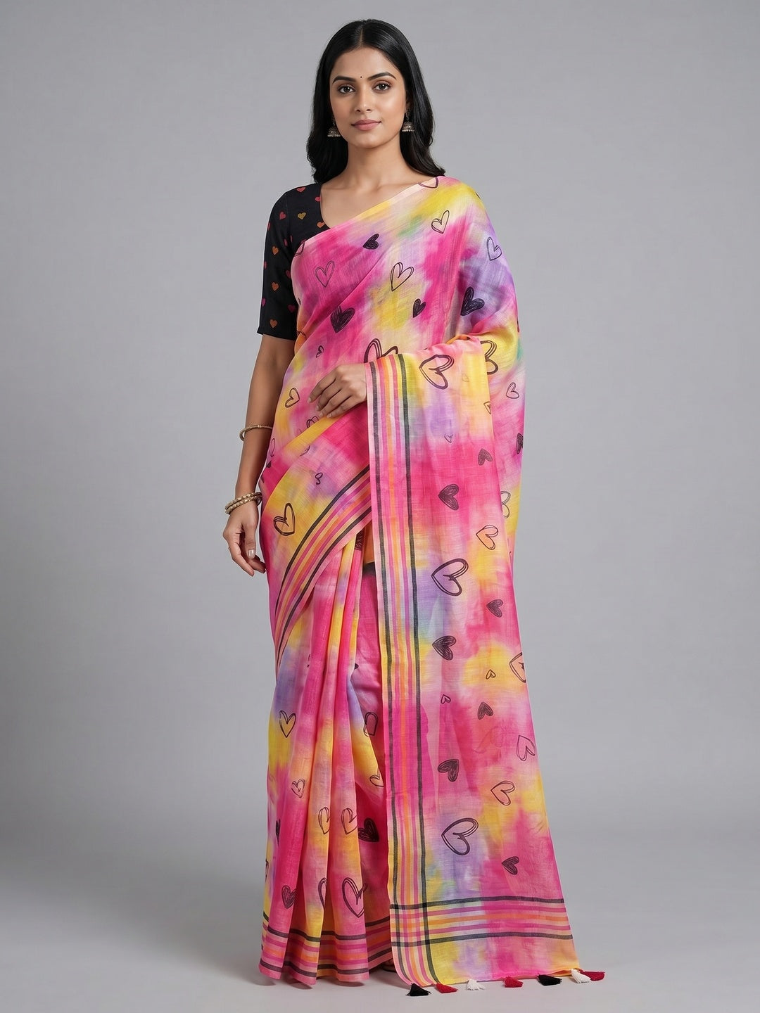 Peachmode Multicolor Linen Cotton Heart Print Saree - Image 1