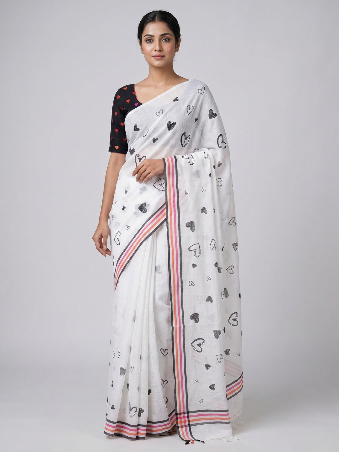 Peachmode White Linen Cotton Heart Print Saree - Image 1