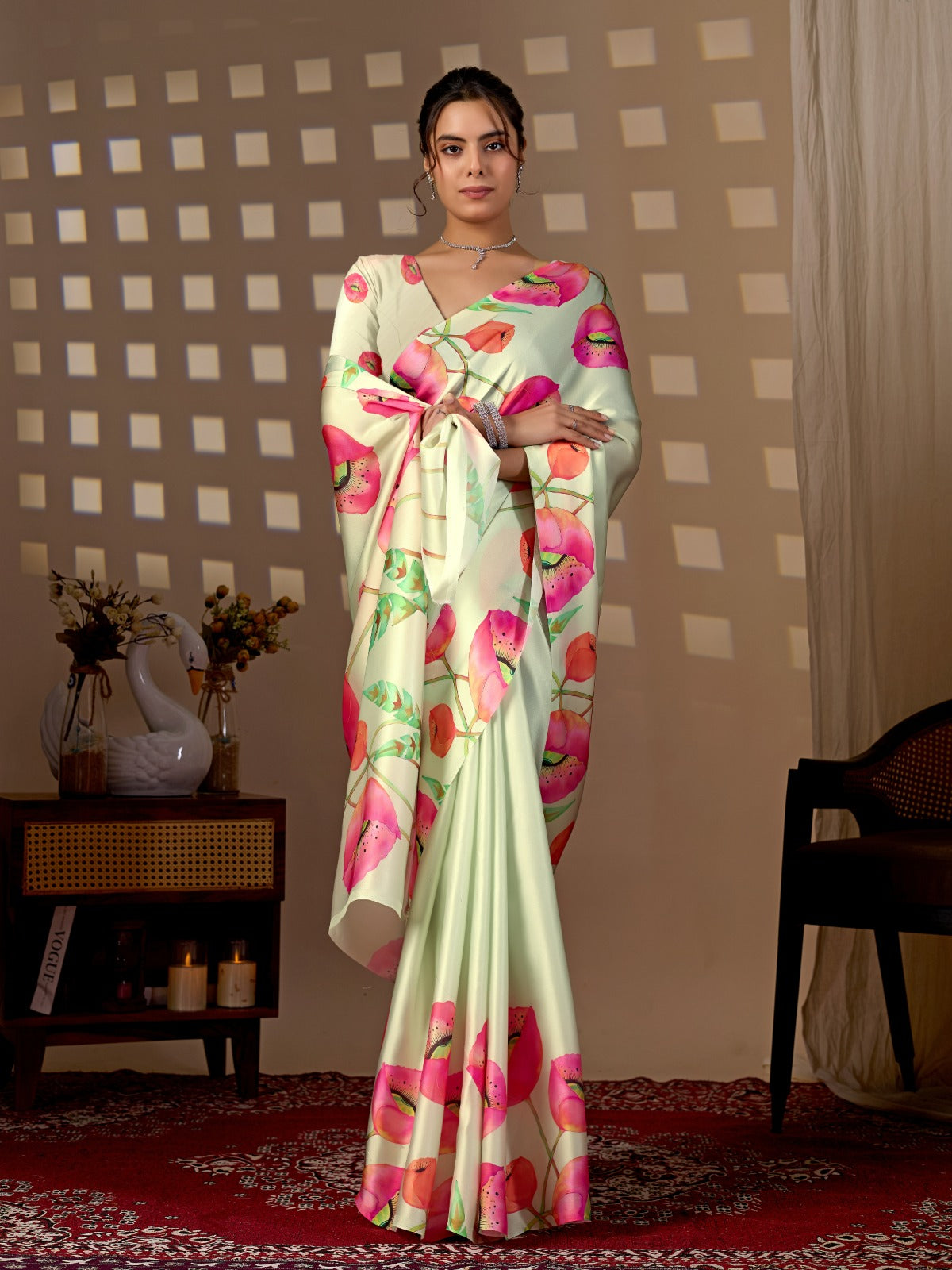 Peachmode Pista Green Satin Georgette Floral Print Saree - Image 4