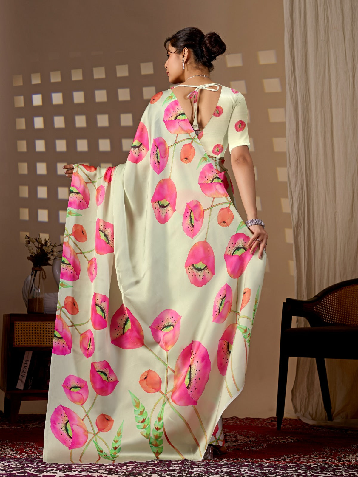 Peachmode Pista Green Satin Georgette Floral Print Saree - Image 5