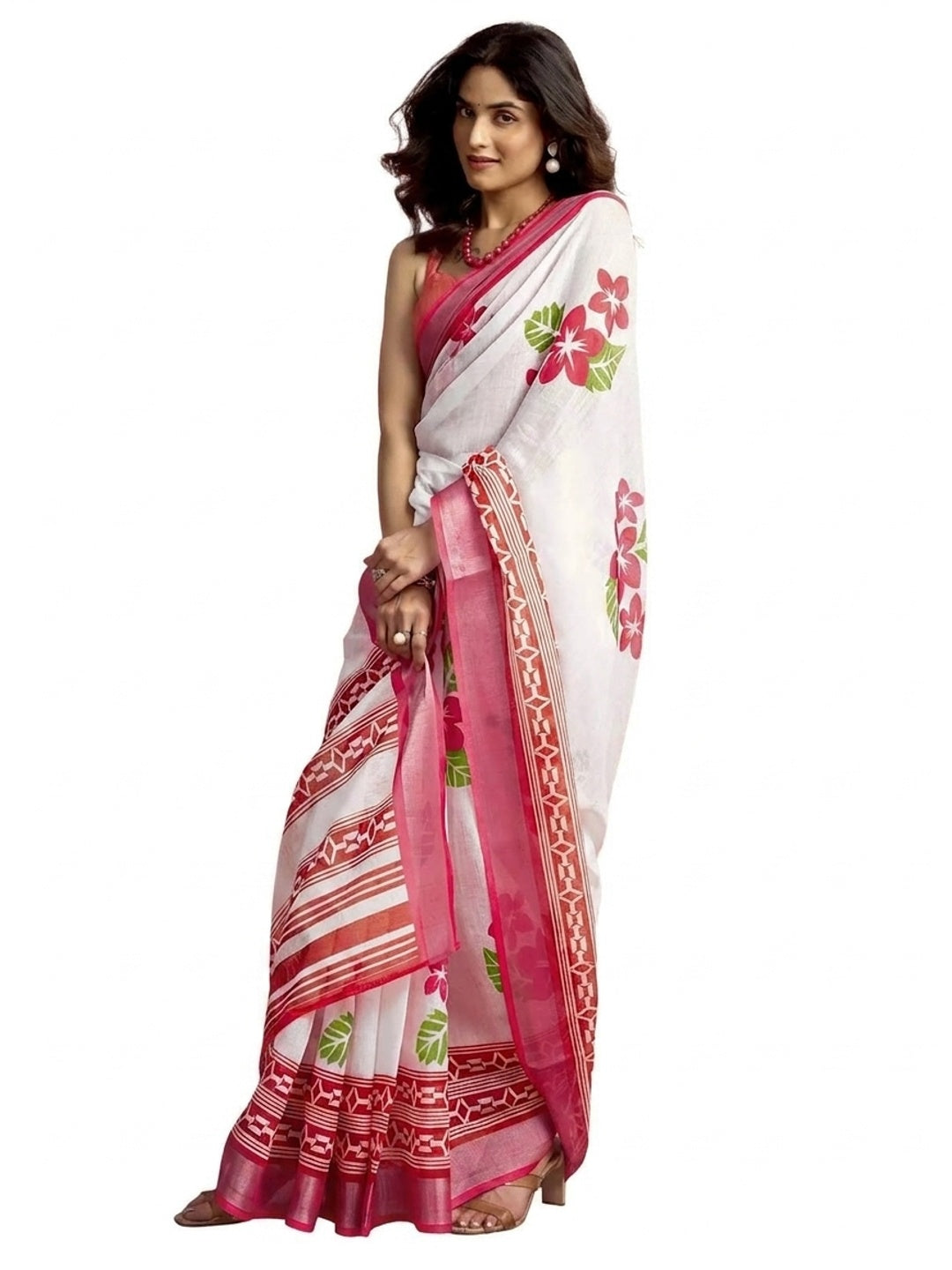 Peachmode White Linen Floral Print Saree - Image 2