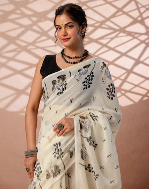 Peachmode White Linen Swan Motif Print Saree - Image 2
